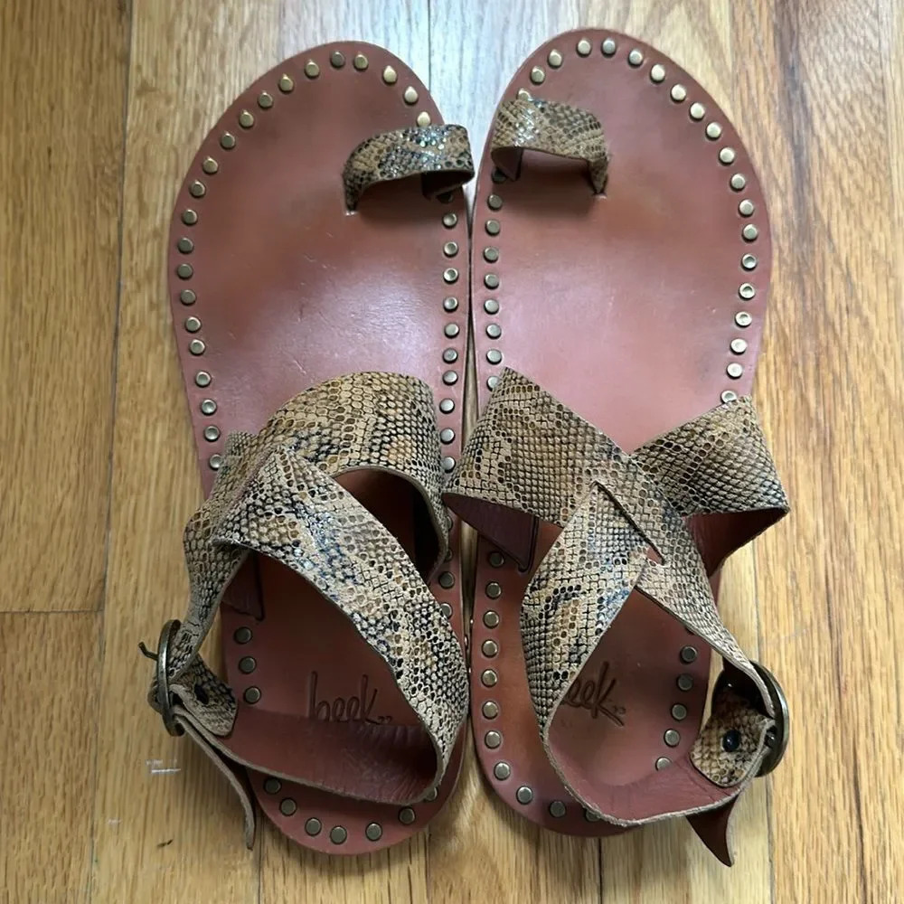 Beek 10 gladiator sandals brown leather embossed with snakeskin brass hardware
